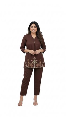 Brown Rayon Co-ord Set for Women with Floral Embroidery, 3/4 Slee...