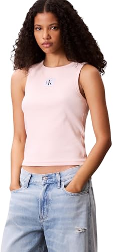 Calvin Klein Women’s Woven Label Cotton Rib Tank Top with Logo, Pink (Cloud Pink), XXS