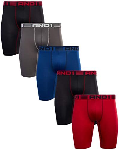 AND1 Men’s Underwear – Long Leg Performance Compression Boxer Briefs (5 Pack), Size Large, Black/Blue/Dark Shadow/Red Dahlia