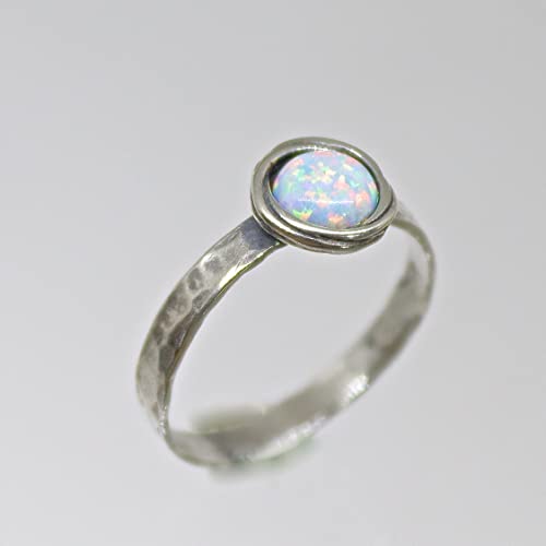 Opal Sterling Silver 925 Ring Band For Women, White Stone Silver Ring, Hammered Silver Ring With Stone, Stacking Ring, Birthstone Ring (Created-Opal White, 6) #TOP2