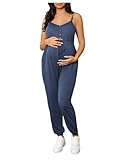 OYOANGLE Women's Maternity Nursing Jumpsuits Button Front V Neck Long Pants Romper Dusty Blue Large