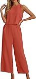 IWOLLENCE Women's Summer 2 Piece Outfits Set Round neck Sleeveless Tank Crop Top Cropped Wide Leg pants Set Pockets Basic Button Back Jumpsuits Coral Red Small