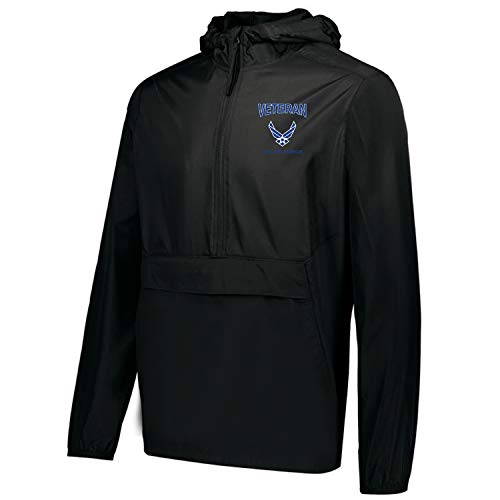 Vetfriends.com Usaf Veteran Packable Pullover Jacket - Embroidered, Water Resistant, Black, Unisex (X-Large) #TOP9