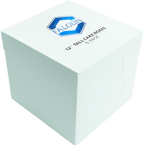 FALGUN Premium TALL 12 White Tall Cake Box Pack of 5 304 x 304 x 304mm (12 x 12 x 12 inch) Ideal for Transporting Celebration and Wedding Cakes Tall Cake Boxes Pack of 5 - (12 Inch)