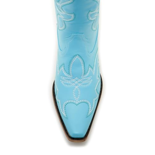 Image of Uillnoodu Women's Turquoise Cowgirl Boots - Wide Calf Mid Calf Western Boots Plus Size Embroidered Cowboy Style with Block Heel Size 10.5