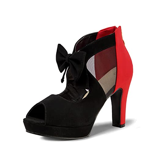 GATUXUS Open Toe Women Platform High Heel Shoes Bows Strappy Sandals (6, BLACK MIX RED, numeric_6)