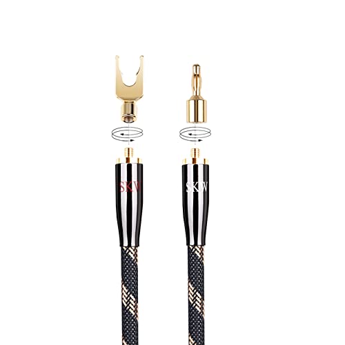 Image of SKW HI-FI Speaker BiWire Jumpers Banana to Spade, Set of 2 (2 Cables) | 14AWG, Ultra-high Purity Copper, convertible plugs, dual-shielded, braided jacket, bi-wire speaker binding post bridge