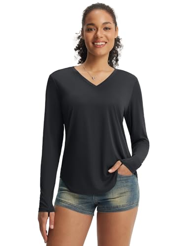 baleaf Womens Sun Shirts UPF 50+ UV Protection Long Sleeve V Neck Lightweight Breathable Quick Dry Tops Hiking Running Black L