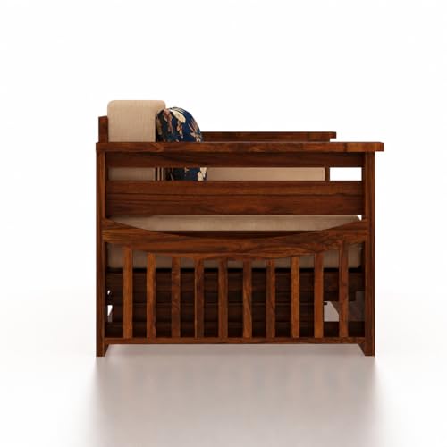 Image of Ganpati Arts Solid Sheesham Wood 3 Seater Italian Sofa Cum Bed with Storage and Side Pockets for Living Room Wooden Sofa Bed for Home - Natural Finish 1 Year Warranty, 3-Person Sofa (Beige)