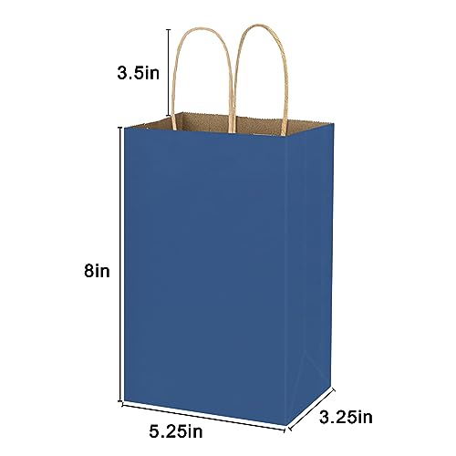 Image of Small Blue Kraft Paper Bags with Handles Bulk, Bagmad Gift Bags 5.25x3.25x8 inch 100 Pcs Pack, Craft Grocery Shopping Retail Party Wedding Bags Sacks (Blue, 100pcs)