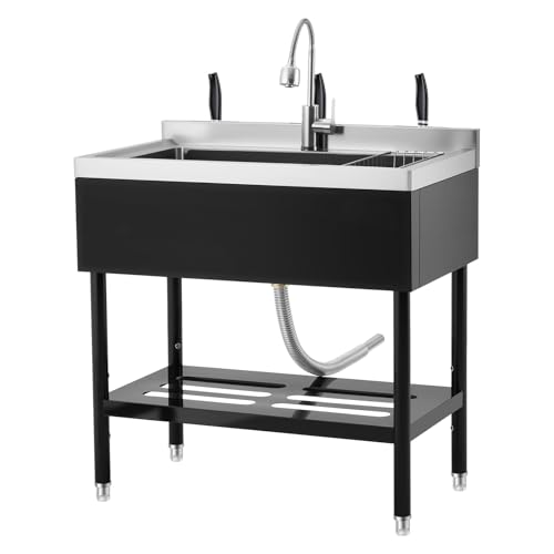 Image of Garvee 36 inch Black Stainless Steel Utility Sink with Faucet, Adjustable Height Freestanding Commercial Sink with Hot & Cold Water, Shelf, Basket & Drain Kit for Kitchen, Garage, Laundry, or Outdoor Use