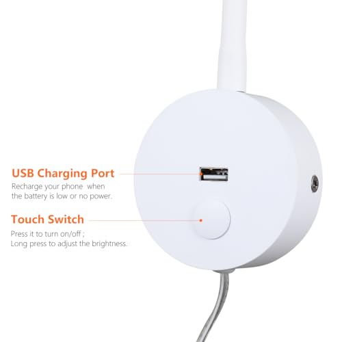 Image of Wall Mounted Reading Lamp USB Charger Matt White LED 3W Warm White 3000K Plug for Reading (White USB Charger Dimmer 2pcs)