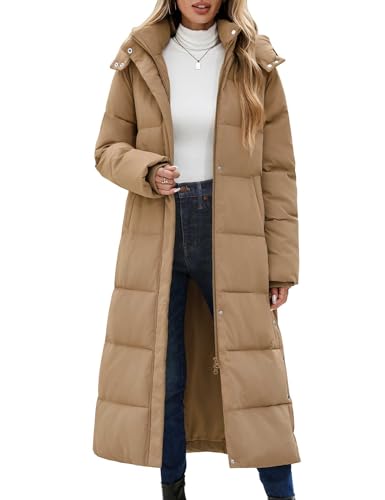 UMIPUBO Women's Long Maxi Down Coat Winter Puffer Jacket Warm Padded Outerwear Faux Fur Removable Hood Parka Full-Zip(Khaki,M)