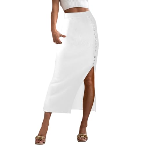 RSBFK Falda de tubo elástica acanalada para mujer, falda entallada casual con abertura lateral, blanco, XL