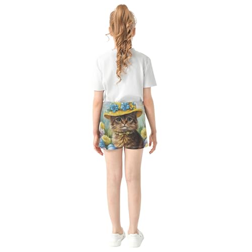 Girls Cute Easter Cat Yellow Hat Lounge Shorts Kids Floral Print Athletic Summer Pajama Shorts, X-Small3
