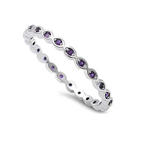 Blue Apple Co. 2mm Full Eternity Stackable Band Ring Round Simulated Purple Amethyst 925 Sterling Silver