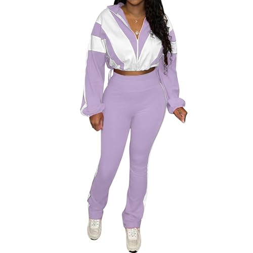 PUXOBYKU Women 2 Piece Tracksuit Long Sleeve Zip Drawstring Cropped Jacket Flared Leggings Outfits Jogger Sweatsuit SetsPurple XL