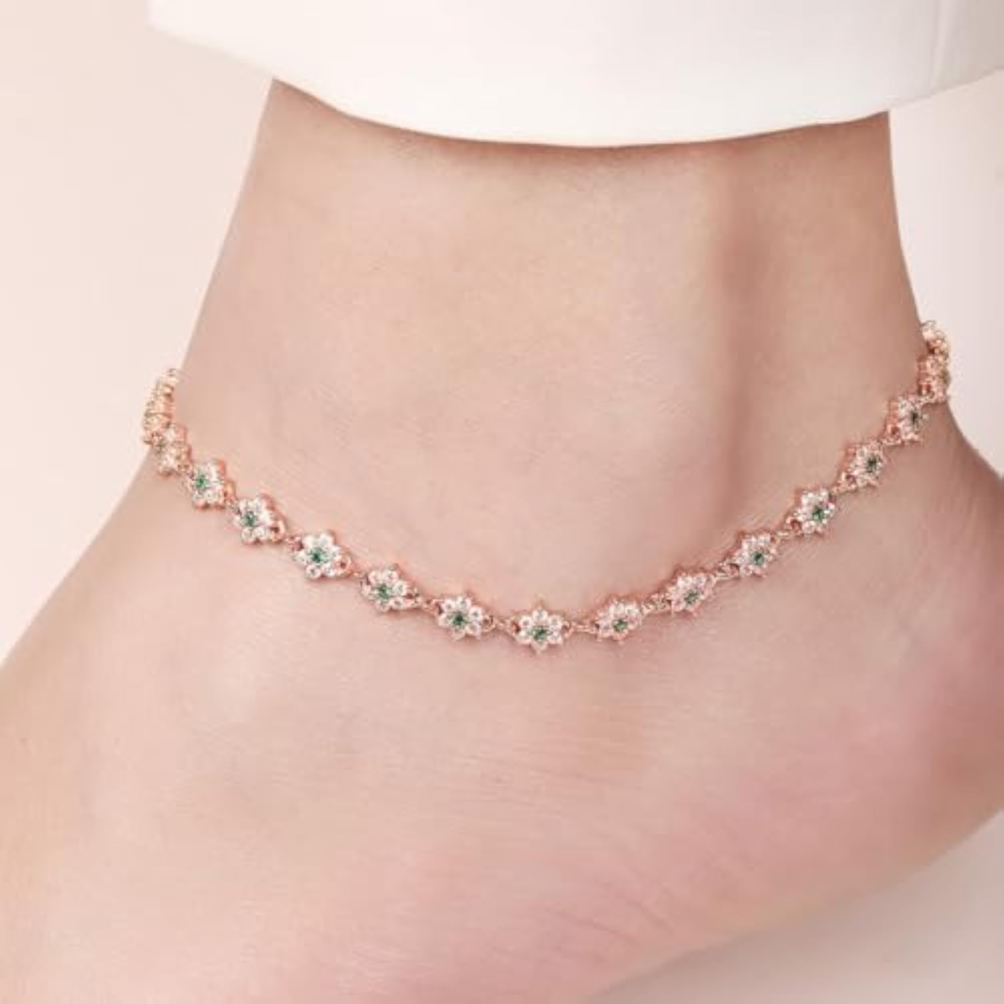 925 Sterling Silver CZ Floral Rose Gold Plating Chain Anklet