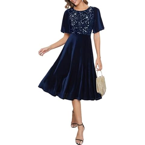 Meetjen Velvet Dress for Women Formal 2024 Sequin Tea Length Prom Dresses Elegant A Line Fall Cocktail Party Navy L Cover