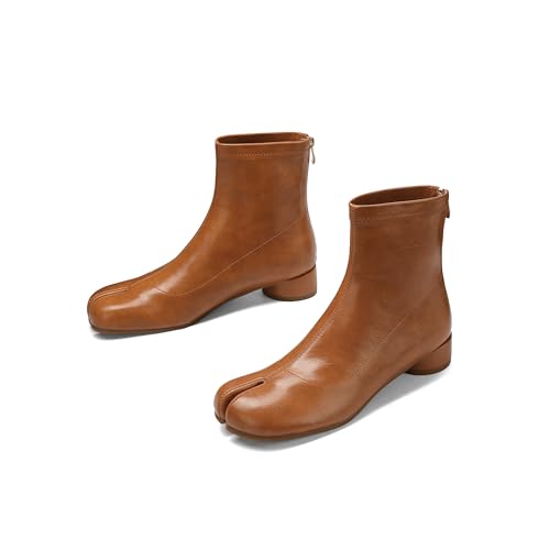 Image of Split Toe Ankle Boots for Women Tabi Japanese Ninja Shoes Low Chunky Heels Booties, Stretch Artificial Leather Boots Back Zipper