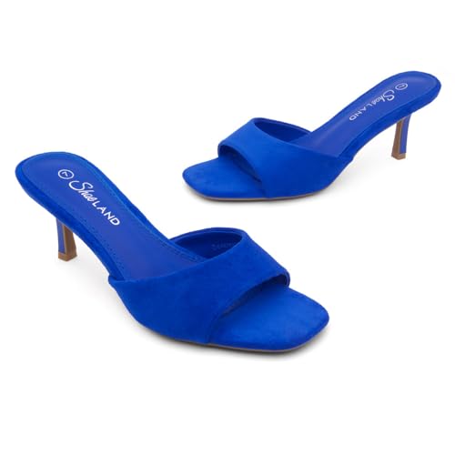 Image of Shoe Land Women's Low Heels Stiletto Heeled Slides, Open Toe One Band Slip-On Heeled Mules - Dressy Heeled Sandals for Prom, Party Wedding and Vacation
