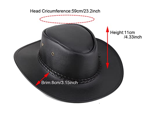 Western Cowboy-Cowgirl-Hats For Men Women Wide-Brim-Leather-Fedora-Hat Waterproof-Windproof-Hat With Rope(Size:l) Black #TOP1