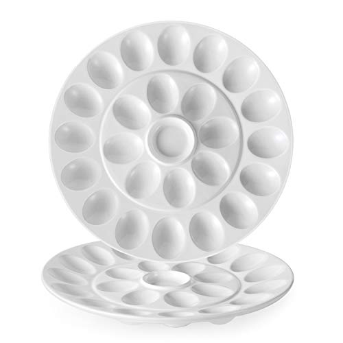 Flexzion Deviled Egg Tray 2 Pack Ceramic White Porcelain 25 Cup Eggs Serving Tray Catering Platter For Hard Boiled Devil Eggs, Easter Eggs Holder & Deserts Unique Decorative Kitchen Dish Plate Palette #TOP4