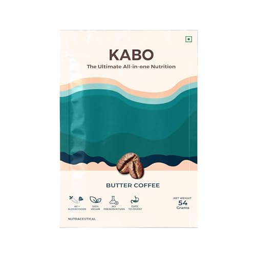Image of KABO 23g Plant Protein Powder for Men & Women, Butter Coffee Flavour | 8 Billion CFU Probiotics, 26 Vitamins & Minerals, 60+ Superfoods | India's First 3-in-1 Nutritional Drink | 1 Pack (54g)