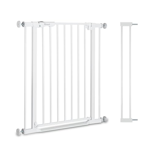 hauck Clear Step Autoclose 2 + Estensione da 9 cm, Bianco - Cancelletto Bambini Cani, Larghezza Regolabile da 84 a 89 cm, Alto 77 cm, Chiusura Automatica, Base Piatta, Apertura 2 Sensi con una Mano