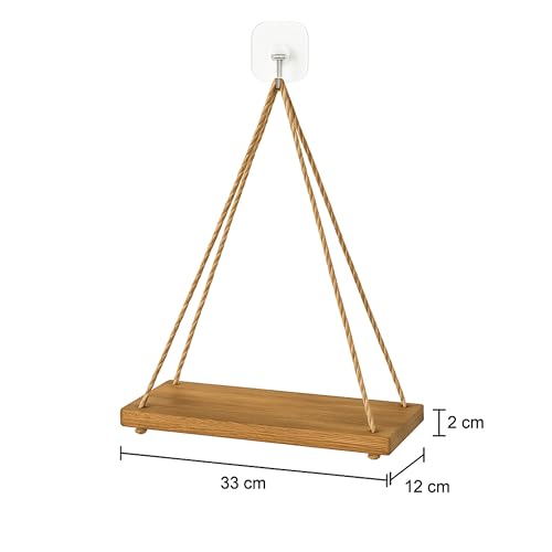 Image of Wooden Hanging Shelves Adjustable Rope Hanging Shelf, Wall Hanging Home Decor, Lightweight, Premium Wooden Shelf, Hanging Plant Shelf for Bedroom and Living Room Natural Finish
