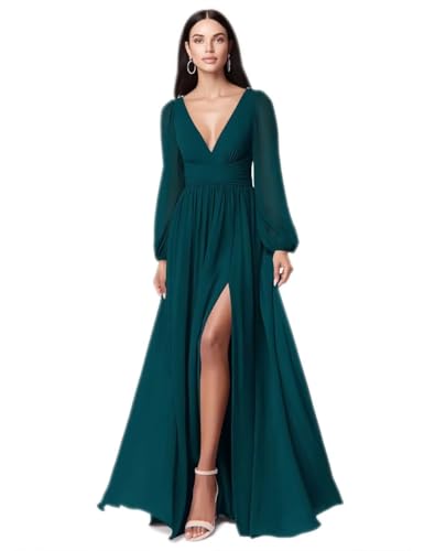Long Sleeve Chiffon Bridesmaid Dresses for Women A-Line Ruched Formal Wedding Guest Dress
