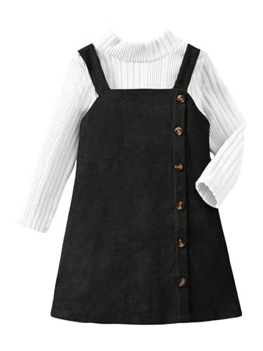 Image of SOLY HUX Toddler Girl's Mock Neck Long Sleeve Tee & Overall Dress | 2 Piece Outfits, Button Front,Winter Overall Set,Fall,Daily Casual