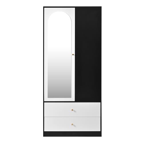 Armario estrecho con espejo y una puerta – Armario moderno con 2 cajones y 4 estantes, 80 x 40 x 180 cm, color blanco y negro, para dormitorio y pasillo