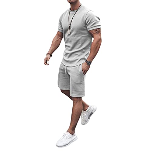 2 Teile Herren Sommer Trainingsanzug Kurzarm Kleidung Set T-Shirt Top + Kordelzug Elastische Taille Shorts Teen Boy Quick Dry Sportswear Männer Daily Home Wear Casual Outfits M-3XL (Grau, L) Cover