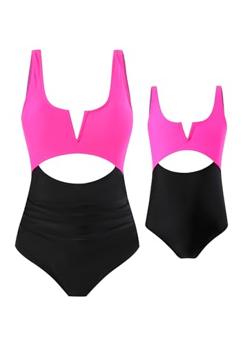 YMING Family Matching Swimsuits Mommy and Me High Waist Two Pieces Bikini Set V Neck Color Block Bathing Suits