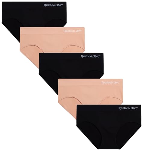 Reebok Hipster Panties for Women - 5 Pack Stretch Performance Seamless Underwear with Relaxed Tag-Free Waistband (S-XL), Size Medium, Black/Rose Dust