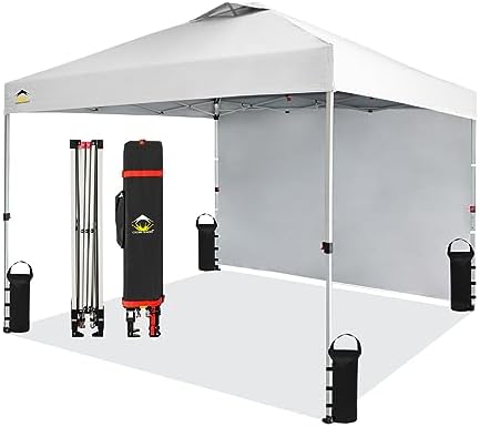 CROWN SHADES 10x10 Pop Up Canopy with 1 Side Wall - Beach Tent with One Push Setup - Outdoor Sun Shade for Events, Parties, Camping - Gazebo with STO-N-Go Cover Bag (White)