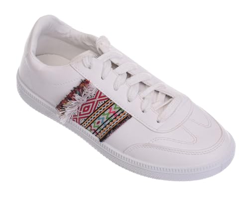 Express Women's Flat Leather Sneakers with Embroidered Detail - - White, 40 EU