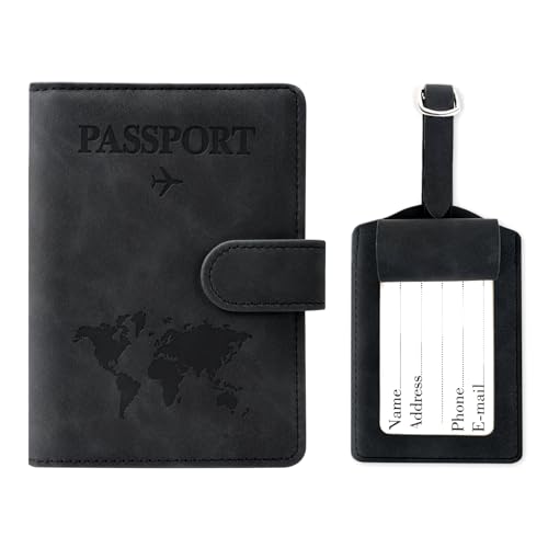 GADITIEK Capa passaporte com identificador de malas, PU couro porta documentos cover viagem com bloqueio RFID, Passport Cover espanhol para crédito, cartões de identificação, Preto, Moda /