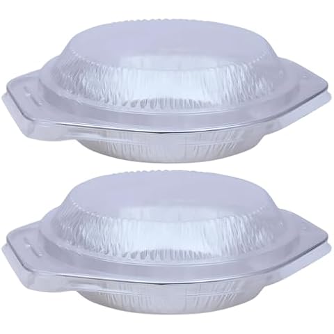 (2) Round Foil Pie Pans with Lids, 9.5 Inch Disposable Aluminum Baking Pan with Clear Dome Cover Holiday Meals Thanksgiving Dinner Christmas Feast Desserts Family Potluck Food Gift Pies Tart Container Cover