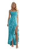 HTBVGO Sequin Turquoise Prom Dress for Women Long Mermaid Sparkly Evening Party Dress with Slit Size 2