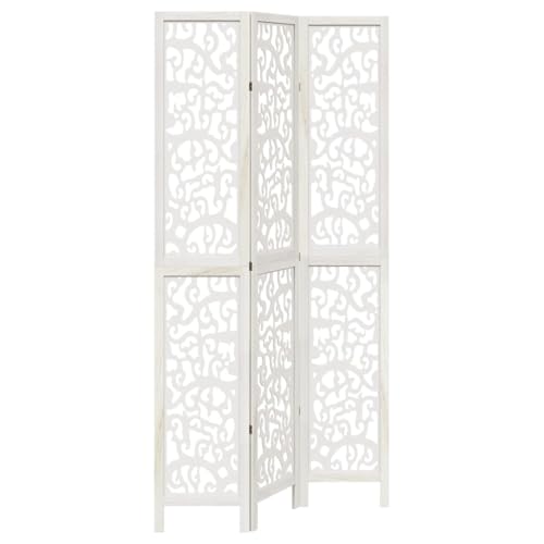 Image of 3-Piece Room Divider Screen White Paulownia Solid Wood, Foldable and Freestanding, Privacy Screen Divider with Filigree Pattern for Living Room, Bedroom, Office and Indoor Use