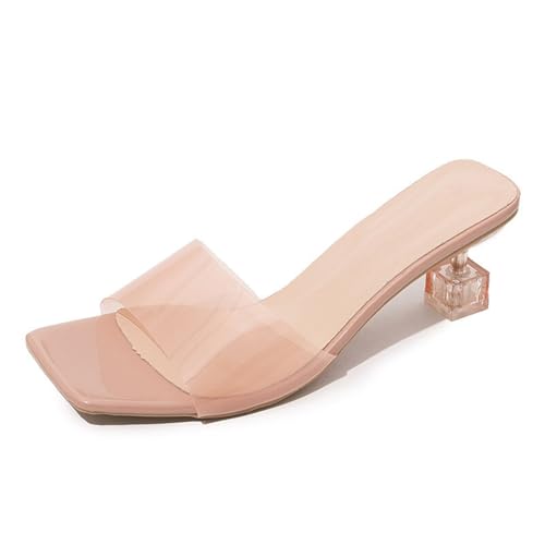 NBZKBNG Women's Transparent Backless Kitten Clear Heel Sexy Slides Lightweight Fashion Square Open Toe Non-Slip Slip-On Low Heels Dress Mule Sandals for Summer Casual Party Prom (Pink,5)