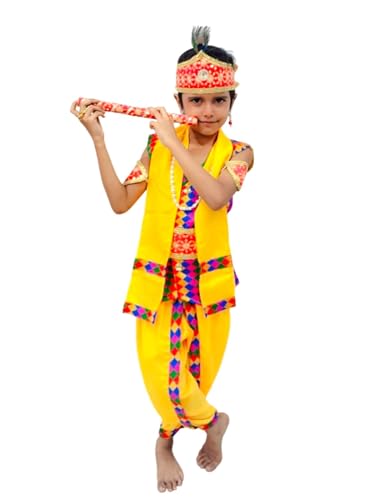 Image of BookMyCostume Shri Krishna Multicolor Kids Fancy Dress Costume 9 Pcs Set with Red Accessories - Premium 5-6 years