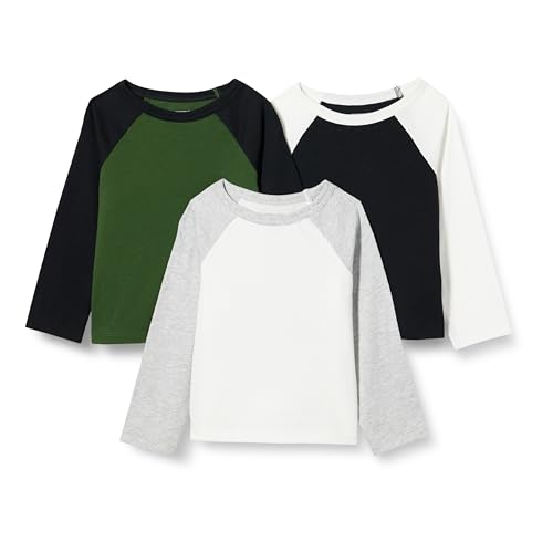 Amazon Essentials T-shirts à manches longues en coton Garçon, Lot de 3, Blanc/Noir/Vert Olive Foncé, 5 ans