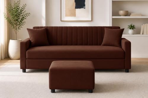 Image of Urban Decor 3 Seater Wooden Sofa Set with Matching Ottoman, Modern Channel Tufted Velvet Fabric Couch for Living Room-Brown