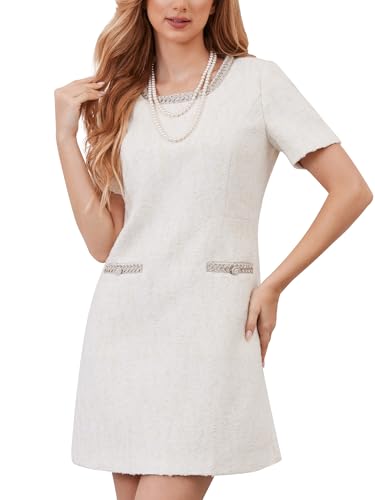 M.Infisavo Tweed Dress for Women Work Business Classic Jackie Dresses Large Beige