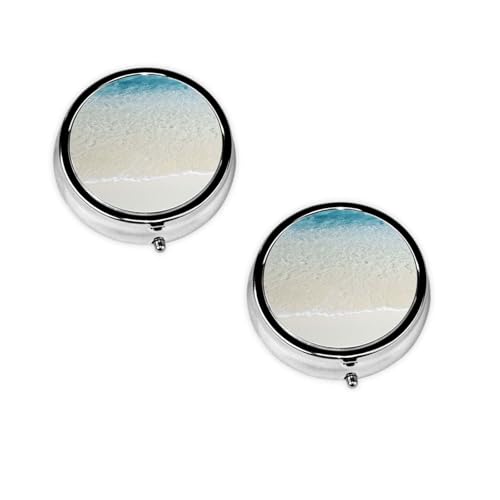 (Clear Sea Water White Sand Beach) Round Pill Box with 3 Compartment Small Pill Organizer Portable Pill Case Vitamin Containers, Travel Essentials 4.6x4.6x1.8 cm