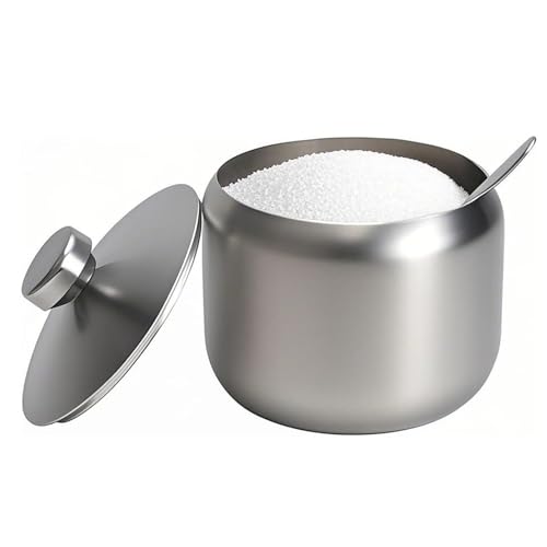PISTISJACK Zuckerspender 400ml,Edelstahl 304 Zuckerbehälter mit Löffel,Zuckerdose mit deckel,Zuckerstreuer für Theke, Kaffeebar, Restaurant,Küche(Rund)