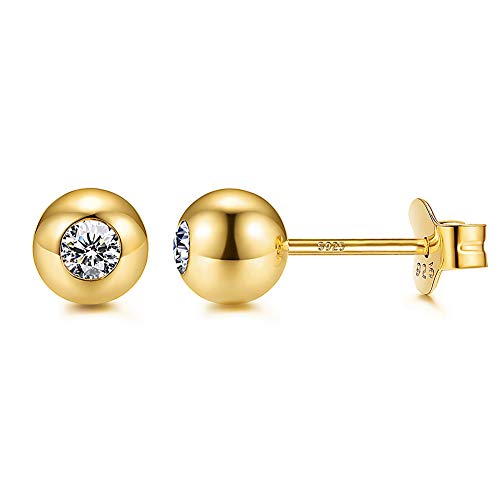 Allencoco 14K Gold Plated 925 Silver Round Ball Studs Simulated Diamond Earrings For Women And Girls 4Mm #TOP18